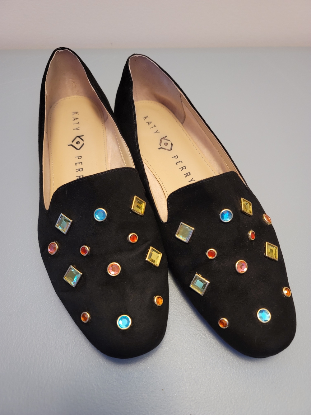 Katy Perry Collections Black Suede Loafers with Multicolor Gem Accents